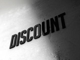 Poster - Discount text word on metallic shiny background 3D rendered with depth of field
