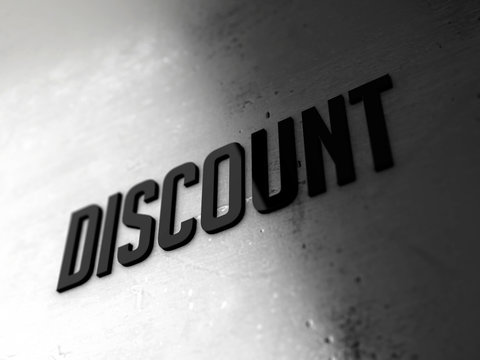 Discount text word on metallic shiny background 3D rendered with depth of field