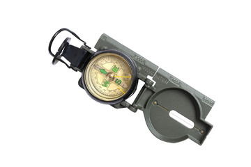 liquid filled compass,top view. foldable lid military grade compass isolated on white background wit