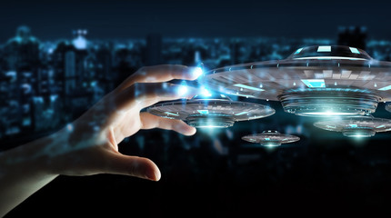 Poster - Businesswoman with retro UFO spaceship 3D rendering