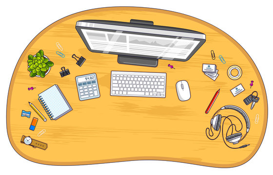 Wooden office employee or entrepreneur work desk workplace with PC computer and diverse stationery objects for work with copy space for text. All elements are easy to use separately. Vector.
