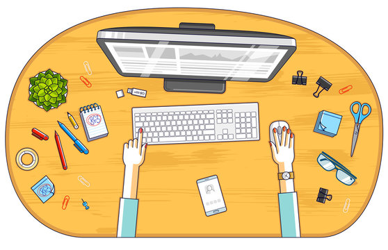 Office worker or entrepreneur working on a PC computer, top view of workspace desk with human hands and diverse stationery objects. All elements are easy to use separately. Vector illustration.