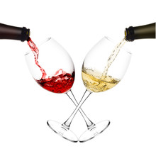 Red And White Wine Poured From A Bottle Into Wine Glass On White Background, Isolated
