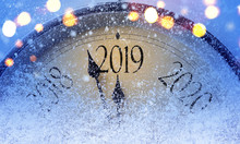 Countdown To Midnight. Retro Style Clock Counting Last Moments Before Christmass Or New Year 2019.