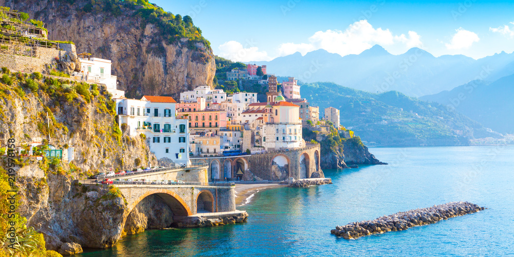 Morning view of Amalfi cityscape on coast line of mediterranean sea, Italy - obrazy, fototapety, plakaty 