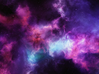 Wall Mural - Pink nebula clouds, blue glowing gaz with stars, background illustration of outer space