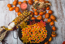 Flat Lay Of Candy Corn And Fall Decorations