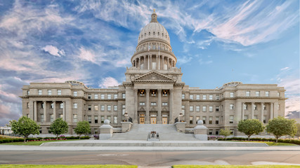 Wall Mural - Idaho state capitol building front with bell on a cloudy morning