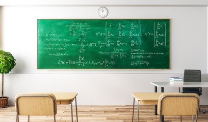 modern classroom with math formulas