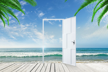 Open door on ocean background