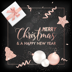 Wall Mural - Elegant Merry Christmas Card with Rose Gold Christmas Tree Balls, Stars, Gifts for Invitation, Greetings or Flyer and New Year Brochure 2019