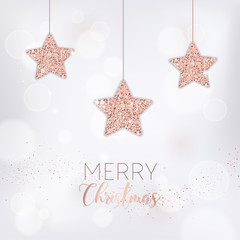 Wall Mural - elegant merry christmas card with rose gold glitter stars for invitation or greetings or flyer and new year brochure 2019