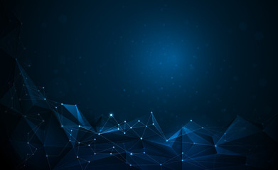 Vector 3D Illustration Geometric, Polygon, Line,Triangle pattern shape with molecule structure. Polygonal with dark blue background. Abstract science, futuristic, network connection concept