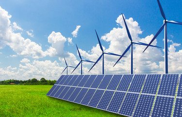 Wall Mural - Solar and wind power equipment on vast grasslands