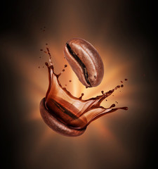 Wall Mural - Roasted coffee beans with splashes are in the dark