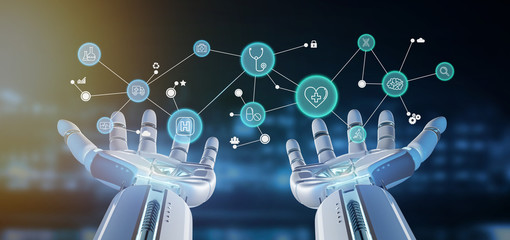 Cyborg hand holding a  Medical icon and connection 3d rendering