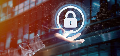 Poster - man holding a padlock web security concept 3d rendering