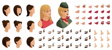 Isometrics Create Your Emotions And Hairstyles For A Blonde Girl In Military Uniform. Sets Of 3D Hairstyles, Faces, Eyes, Lips, Nose, Facial Expression