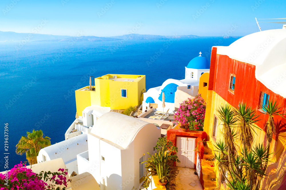 View of Oia the most beautiful village of Santorini Island in Greece. - obrazy, fototapety, plakaty 