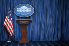 Podium Speaker Tribune With USA Flags And Sign Of White House With Space For Text.  Briefing Of President Of US United States In White House.Politics Concept.