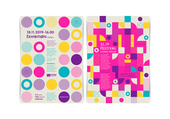 Set of Flyer templates with geometric shapes and patterns, 80s memphis geometric style. Vector illustrations.