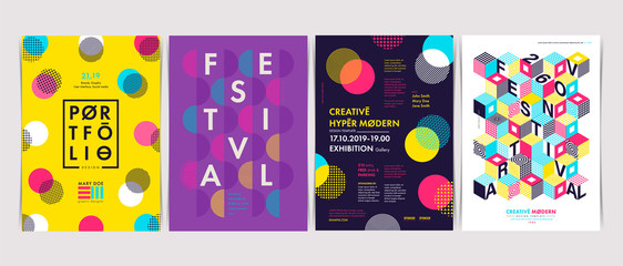 Set of Flyer templates with geometric shapes and patterns, 80s memphis geometric style. Vector illustrations.