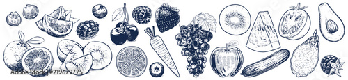 Fotografía Fruits and vegetables set on white background, Vector Illustration, Sketch outli