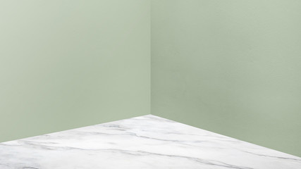 Aufkleber - Empty corner pale green concrete wall and  white marble floor perspective room,Modern style room,Mock up for display of product,business presentation.