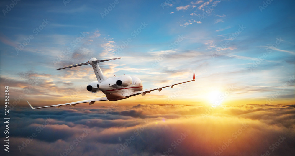 Private jet plane flying above clouds - obrazy, fototapety, plakaty 