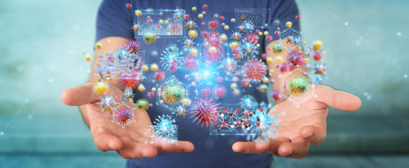 Poster - Businessman analyzing bacteria microscopic close-up 3D rendering