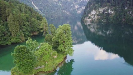Wall Mural - Beautiful view of the Konigsee lake near Jenner mount in Berchtesgaden National Park, Upper Bavarian Alps, Germany, Europe. Beauty of nature concept background aerial drone video