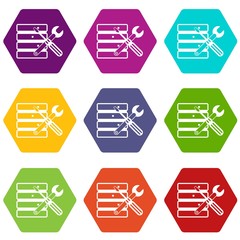 Poster - Database with screwdriverl and spanner icon set many color hexahedron isolated on white vector illustration