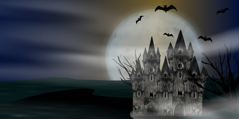 Halloween background with castle, bats and full moon. Vector