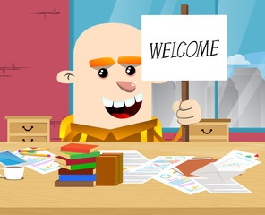 Schoolboy holding a banner with welcome text. Vector cartoon character illustration.