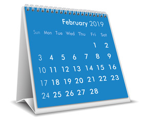 Poster - February 2019 3D desktop calendar in white background