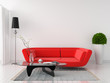 red modern sofa in white room interior, 3D rendering