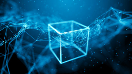 Fototapete - Block chain network concept. Big Data. Background made of line, circles and particles. 4k rendering.
