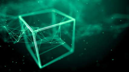 Fototapete - Block chain network concept. Big Data. Background made of line, circles and particles. 4k rendering.
