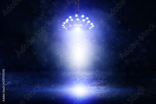 Fotografía Background of an empty show scene with a large antique chandelier, abstract dark