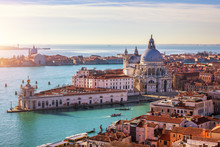 Aerial View Of The Grand Canal And Basilica Santa Maria Della Salute, Venice, Italy. Venice Is A Popular Tourist Destination Of Europe. Venice, Italy.