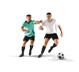 two fotball players struggling for the ball isolated on white