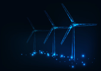 three wind mills made of glowing triangles, lines, dots. wind turbines field. renewable sources of e