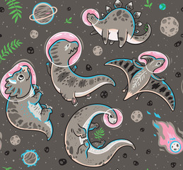 Wall Mural - Seamless pattern with funny cartoon dinosaur astronauts. Vector illustration