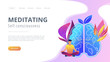 User practicing mindfulness meditation in lotus pose. Meditating and self-consciousness concept landing page. Calmness, focusing and releasing stress, violet palette. Vector illustration.