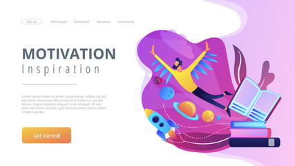 Sticker - Open book, user flying in space among planets. Motivation and inspiration landing page. Creative thinking, imagination and vision, fantasy and ideas concept, violet palette. Vector illustration.