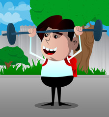 Schoolboy weightlifter lifting barbell. Vector cartoon character illustration.
