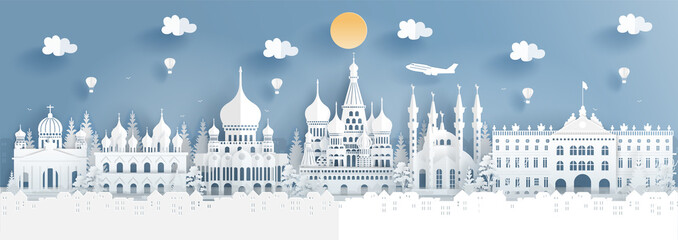 Fototapete - Panorama travel poster of top world famous symbol of Russia in paper cut style vector illustration.