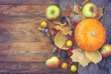 Autumn Time Background, Pumpkins, Apples, Dry Leaves