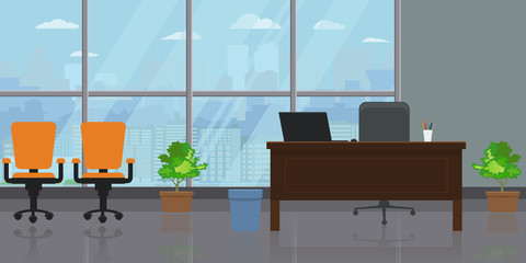 Empty modern wide office interior with large window and cityscape view. Flat and solid color Vector illustration.