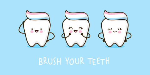 Wall Mural - Set of cute little teeth on blue background